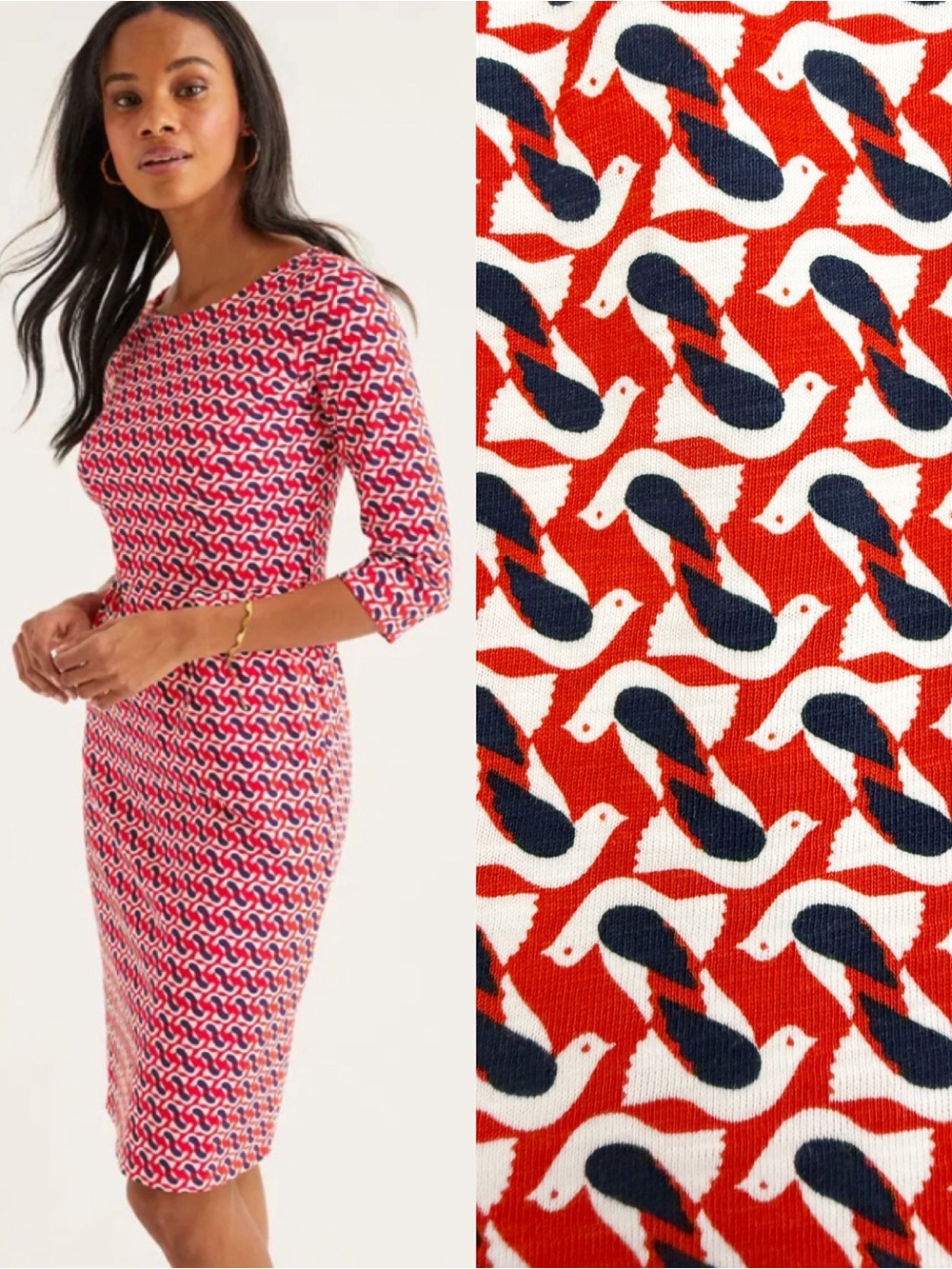 Boden Penny Jersey Dress Bird Print Red White Navy Blue Preppy Coastal